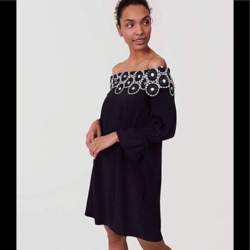 Loft Navy Lace Off the Shoulder Dress